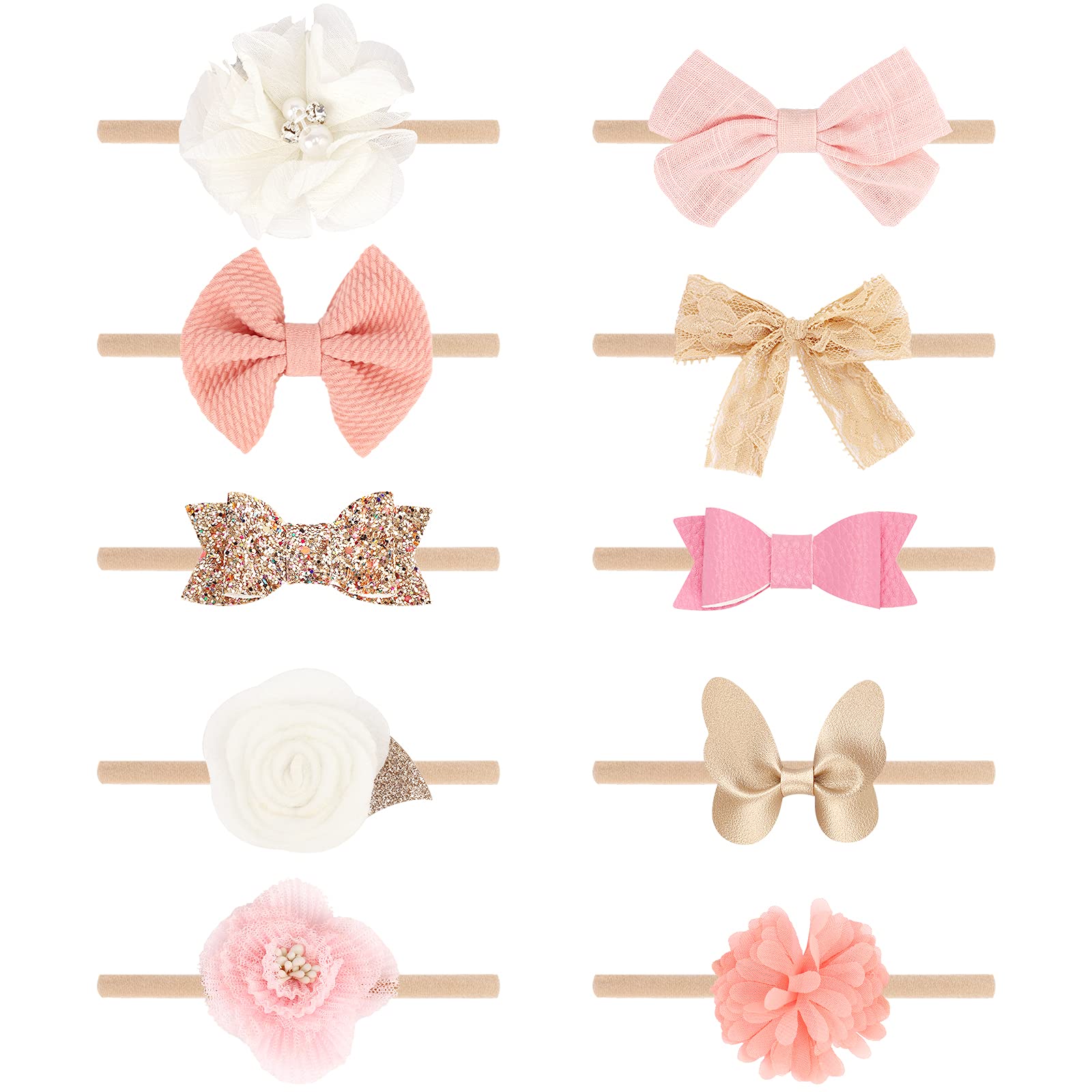 Set of various baby headbands with bows and flowers on a white background