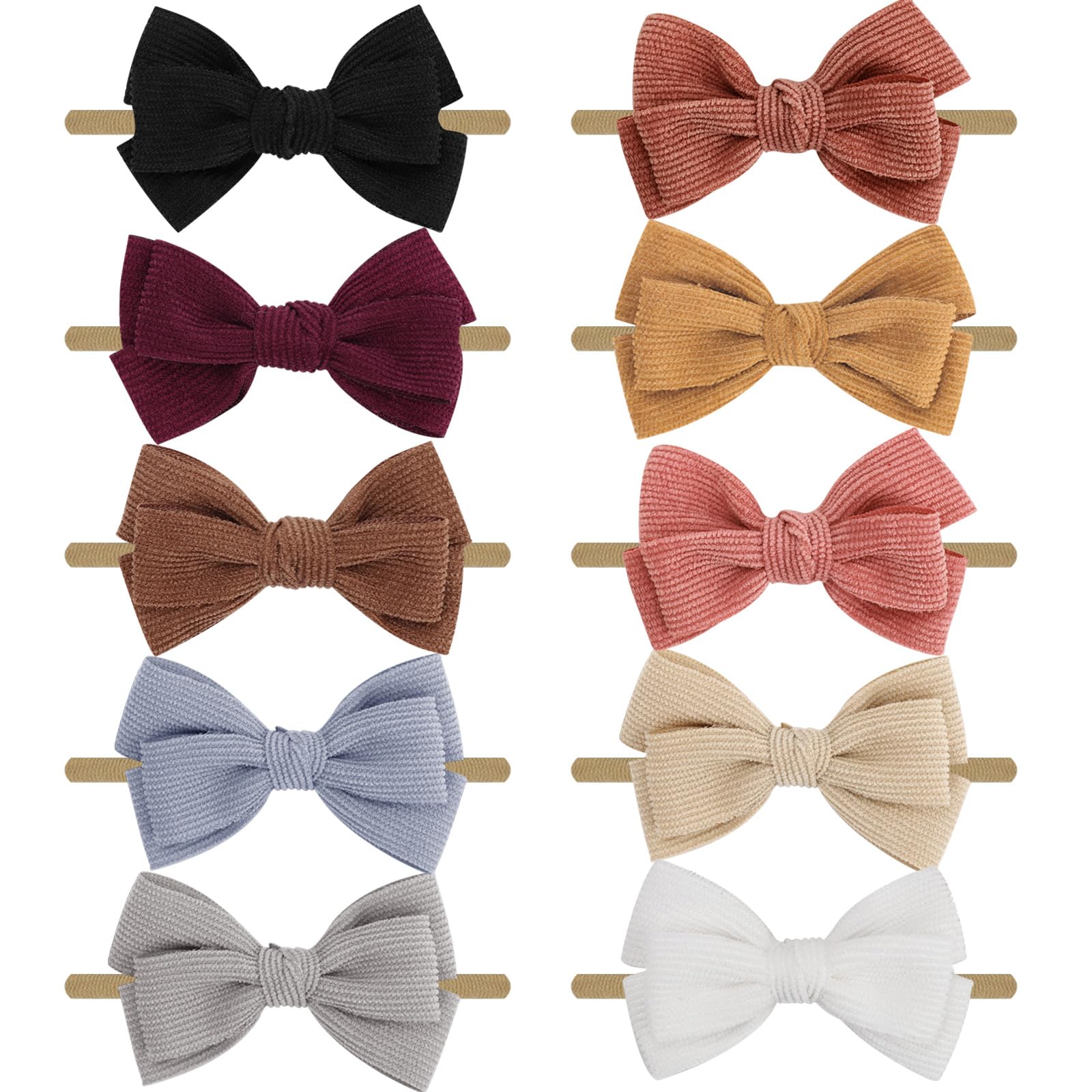 Collection of colorful hair bows against a white background
