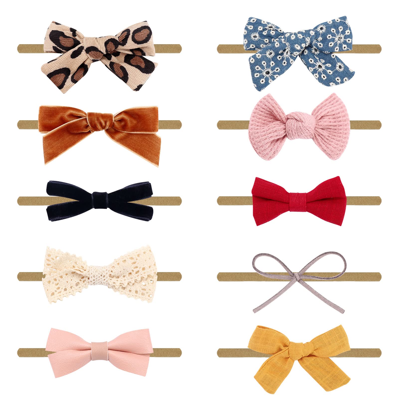 Collection of colorful bow hair accessories on a white background