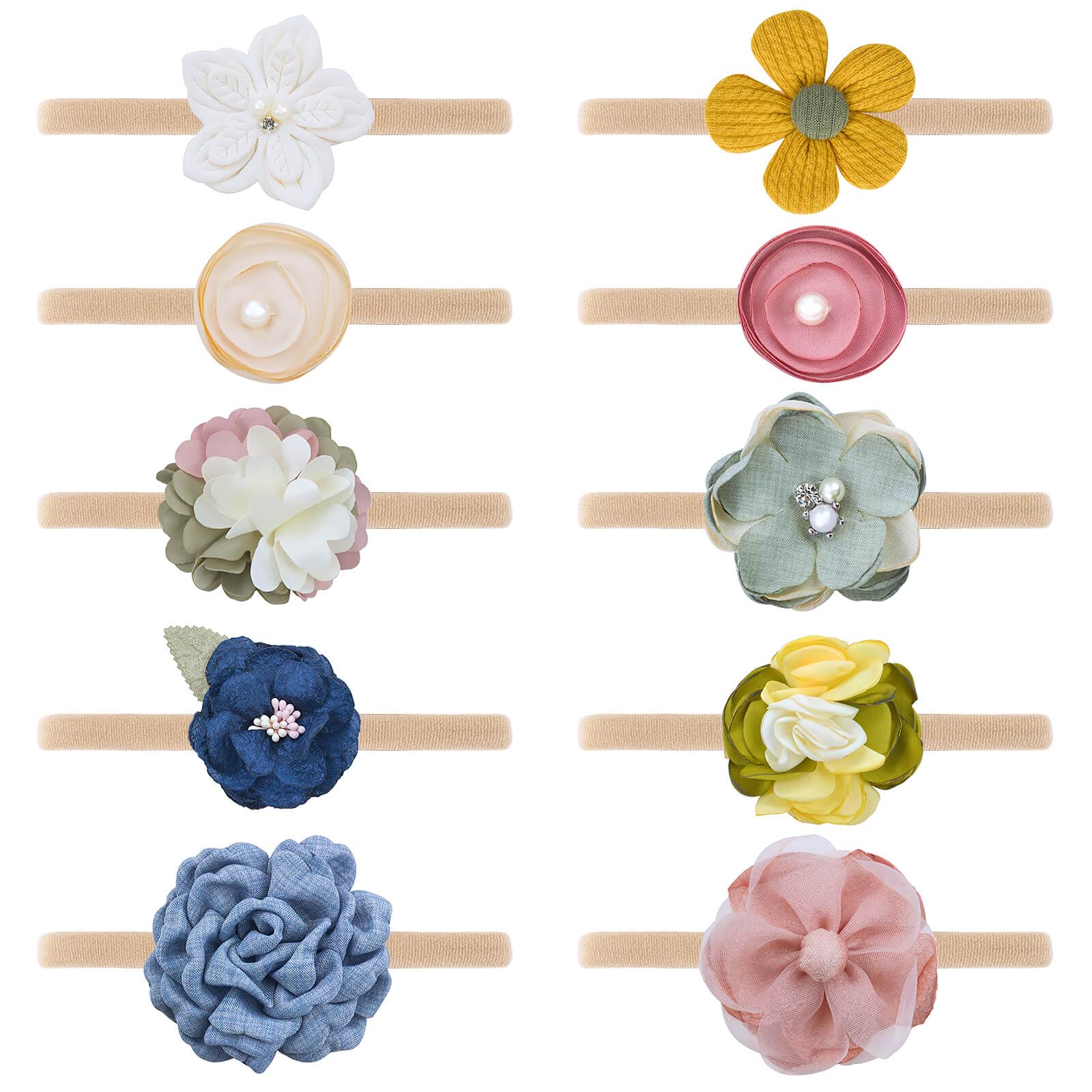 Set of colorful floral headbands on a white background