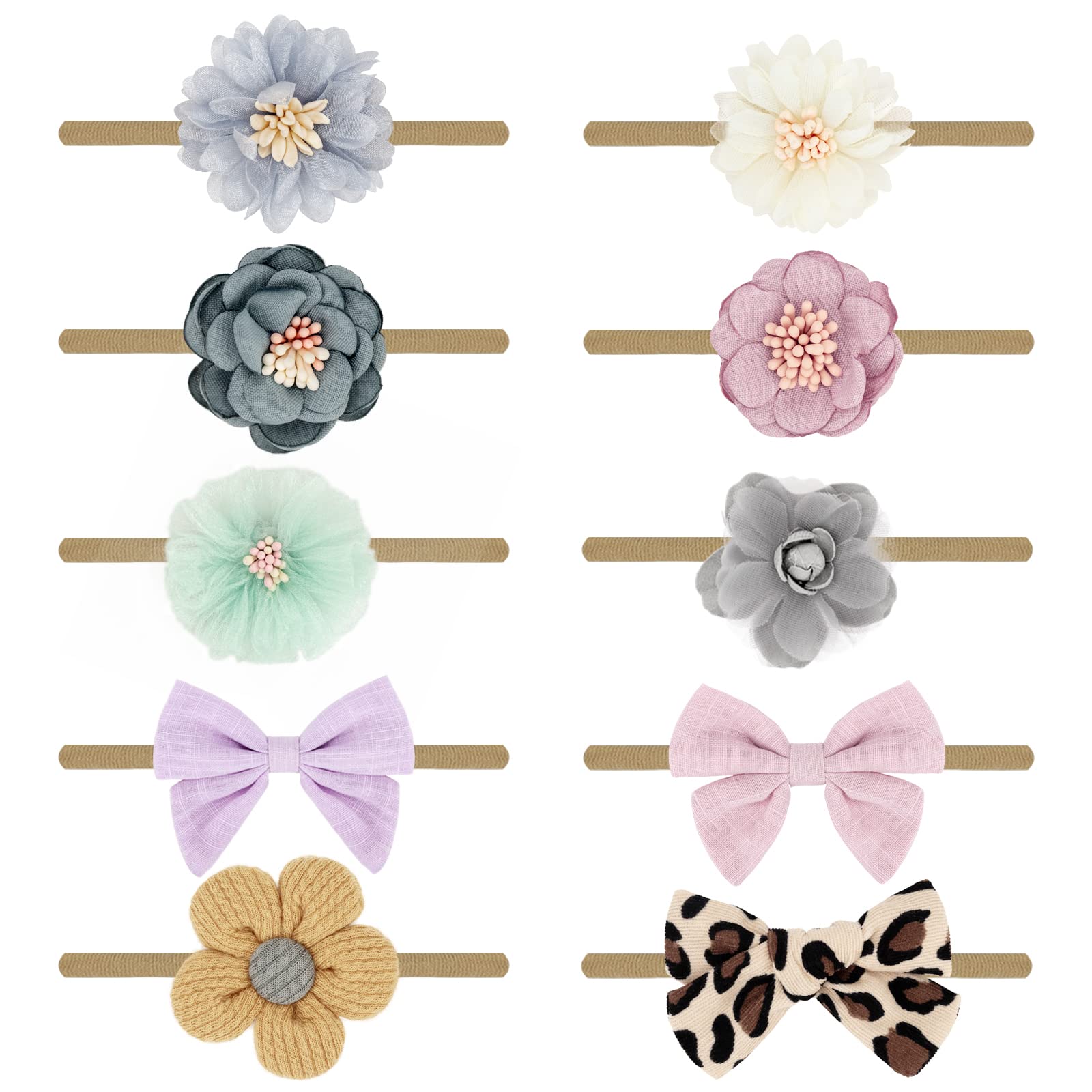 Set of colorful floral and bow headbands on a white background