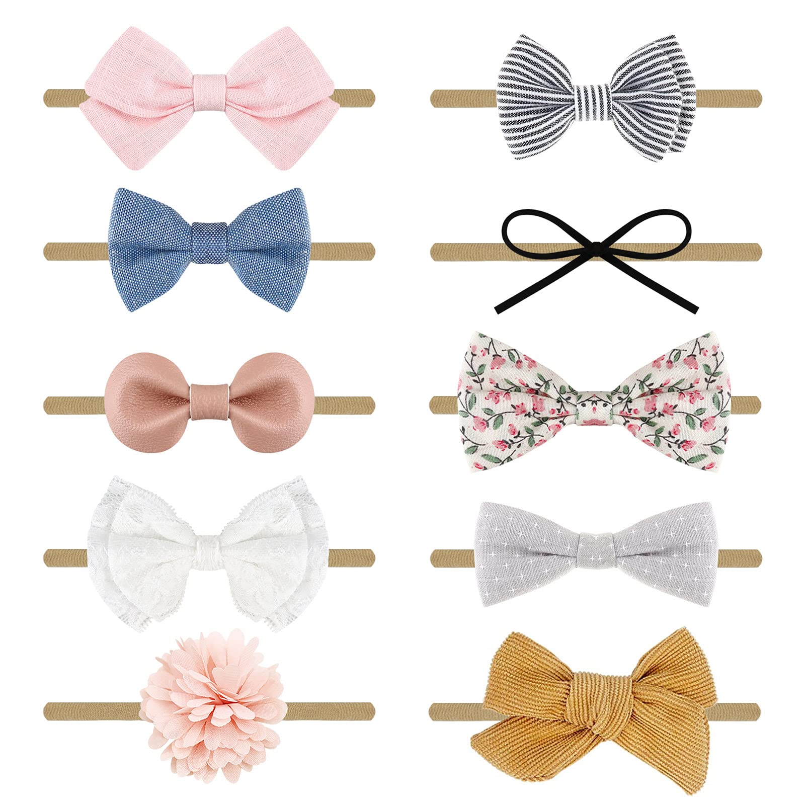 Collection of various bow hair accessories on a white background