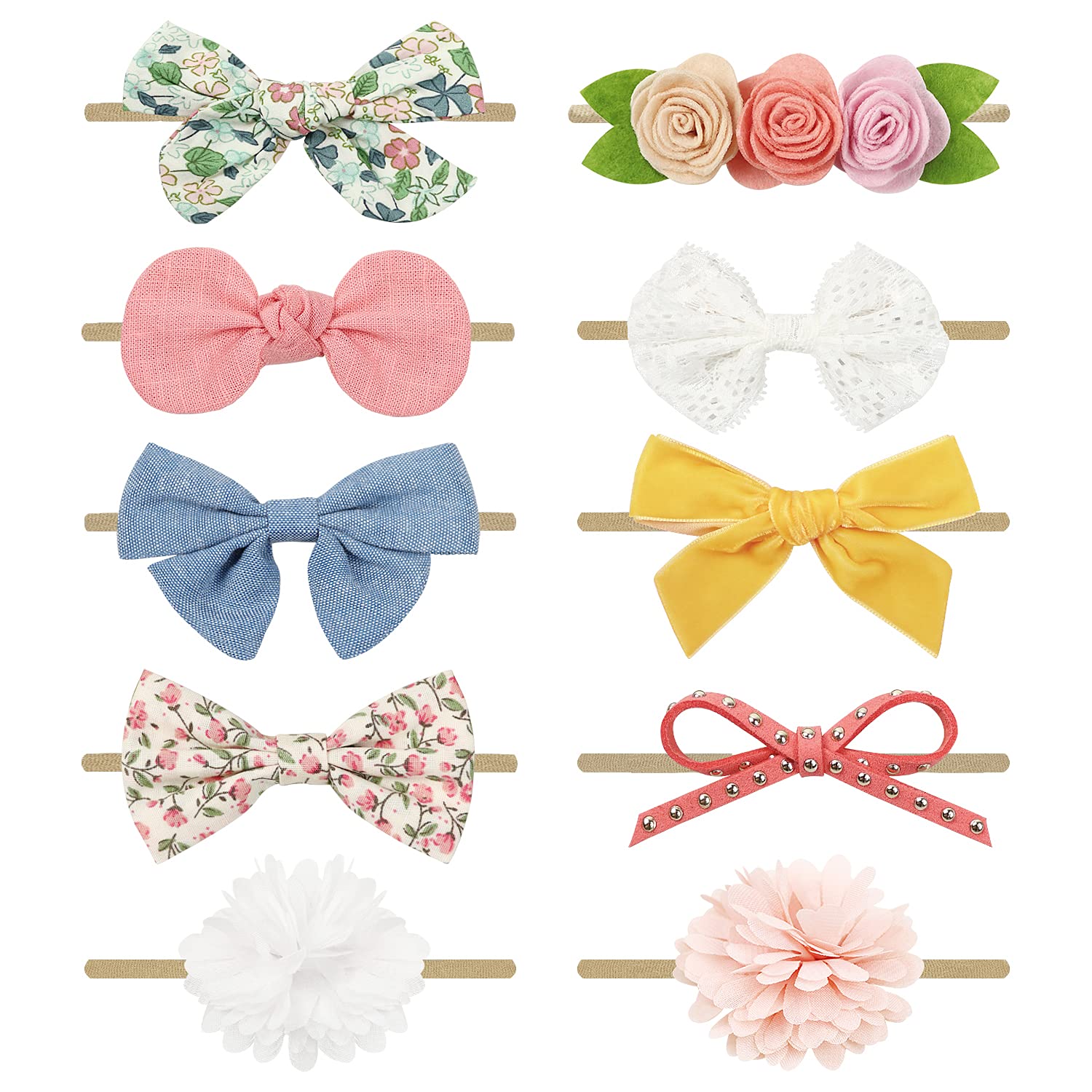 Collection of colorful hair bows and headbands on a white background