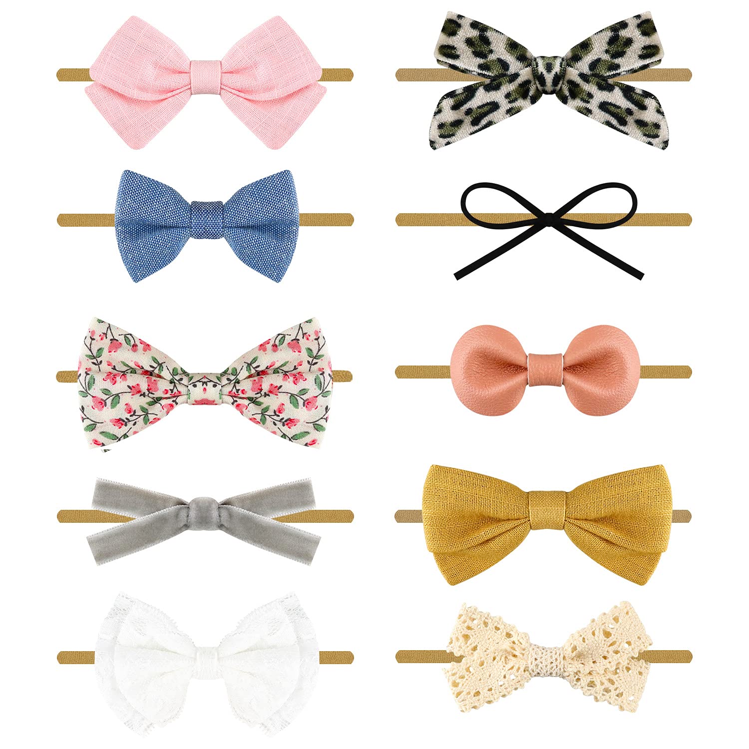 Collection of various colorful bow hair accessories on a white background