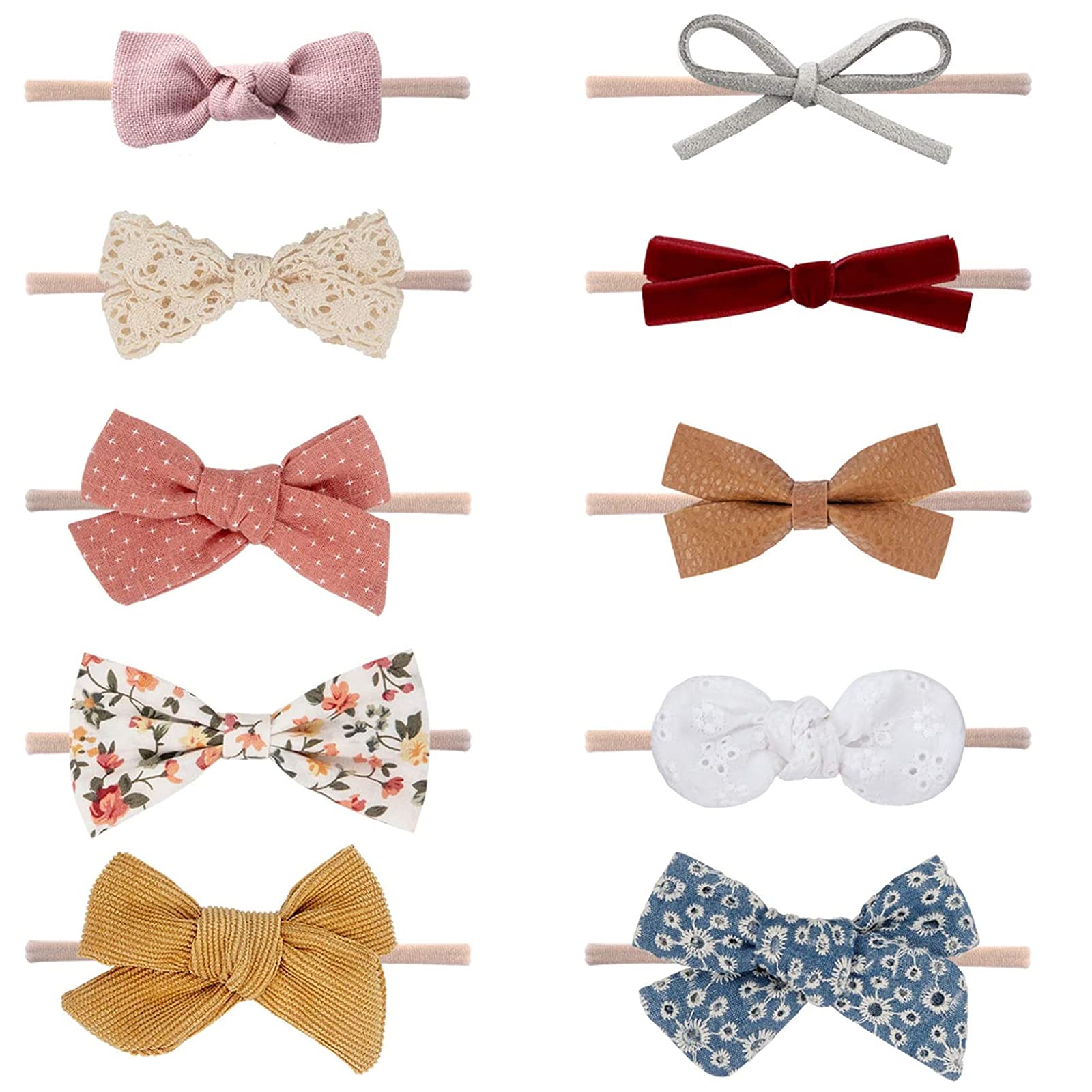 Collection of various colorful bow hair accessories on a white background